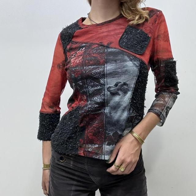 Black mesh red floral top