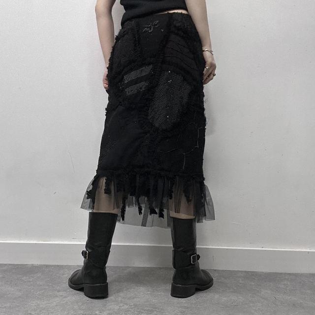 Black sheer embroidered lace midi skirt