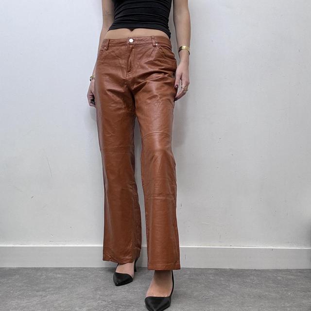 Tan orange leather flared straight leg trousers