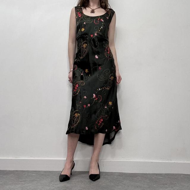 Dark green silk bias cut embroidery dress