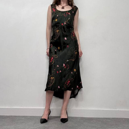 Dark green silk bias cut embroidery dress