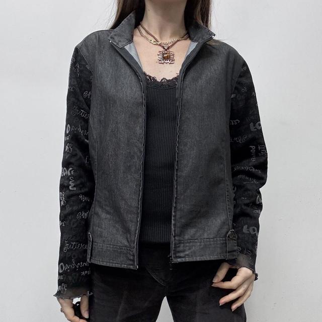 Dark denim sheer graphic sleeve jacket