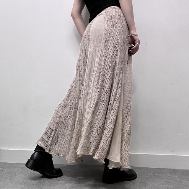 Beige lace flared pinstripe maxi skirt