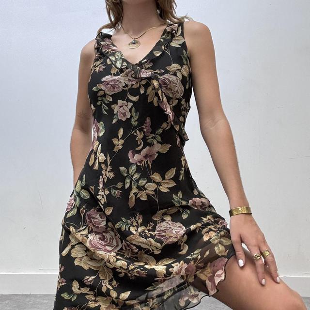 Black sheer ruffle floral printed midi dress