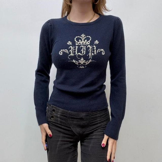 Navy wool knit graphic jumper