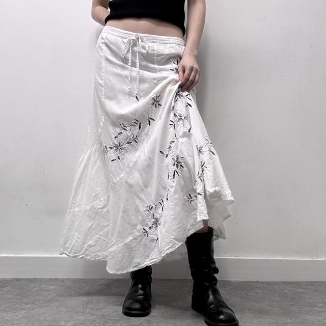 White flared embroidered maxi skirt