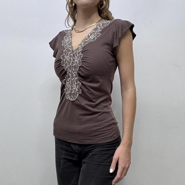 Cinched brown lace ruffle top