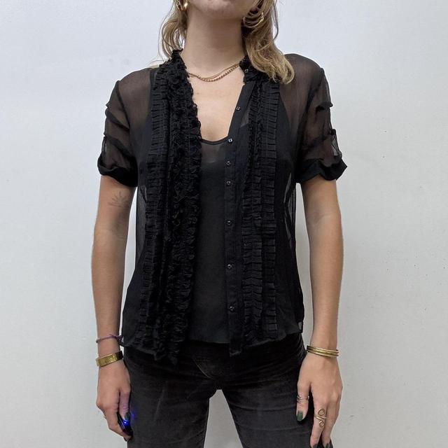 Sheer black ruffle gothic lace shirt