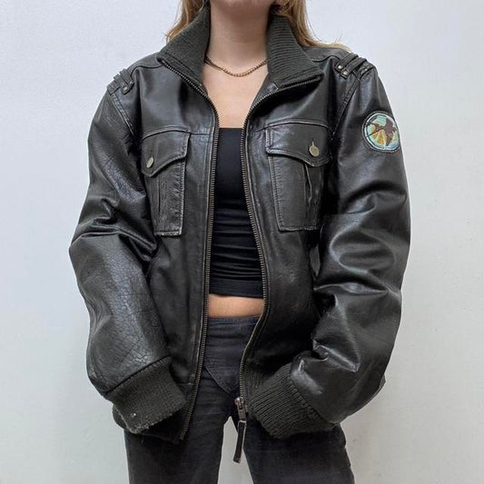 Oversized brown leather jacket