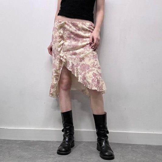 Asymmetric ruffle floral coquette skirt