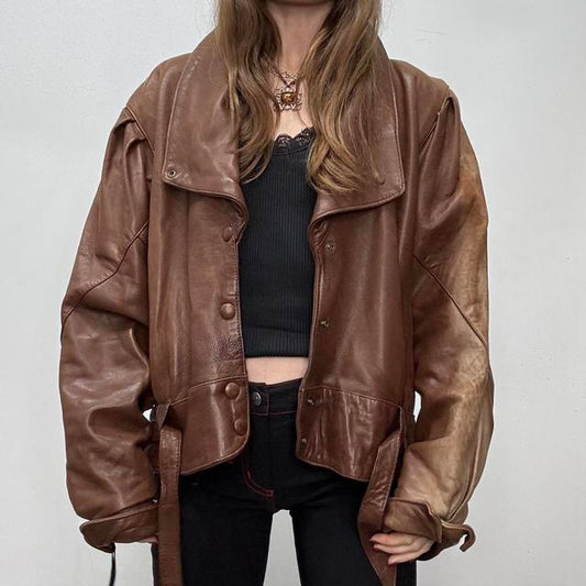 Brown leather batwing biker jacket