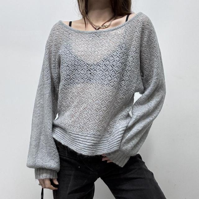 Grey wide neck lacey knit jumper