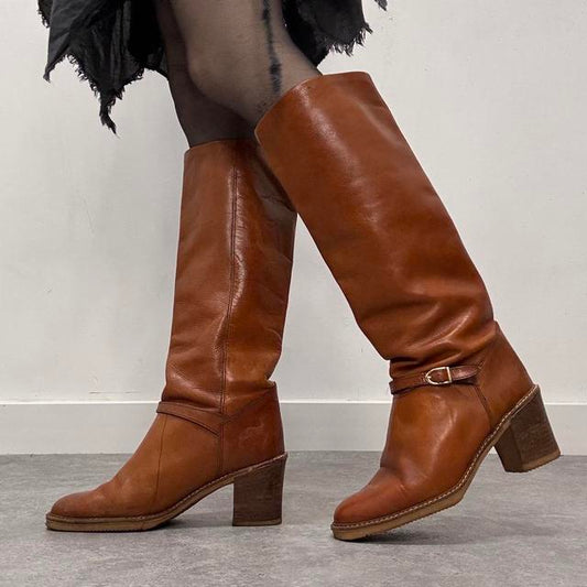 Tan leather riding high boots