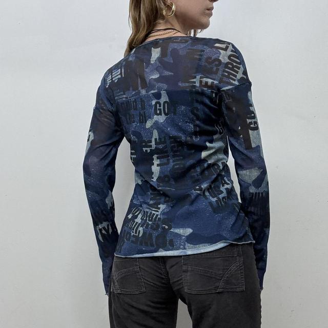 Sheer blue micro mesh text top