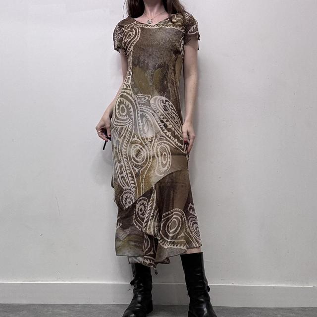 Distressed brown patterned bias cut 90s dress