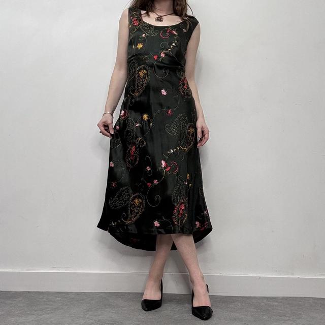Dark green silk bias cut embroidery dress