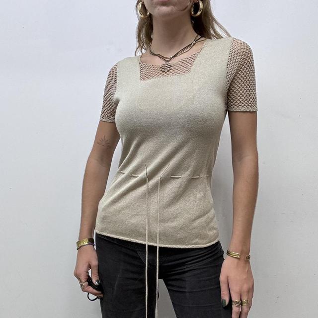 Brown sheer lace crochet bow knit top