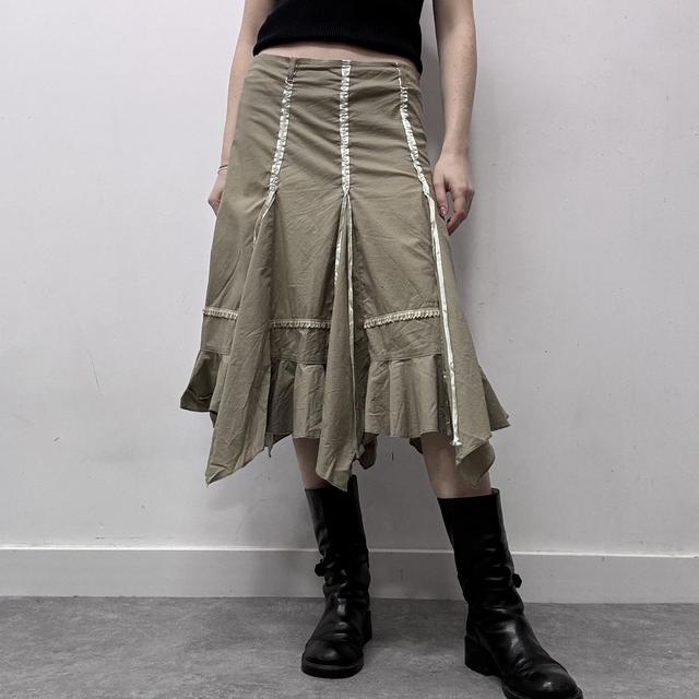 Khaki ribbon asymmetric midi skirt