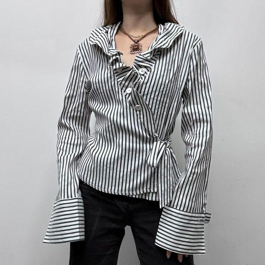 White pinstripe wrap ruffle shirt