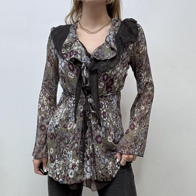 Sheer ruffle khaki fairy floral blouse