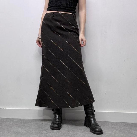 Brown pinstripe diagonal wool midi skirt
