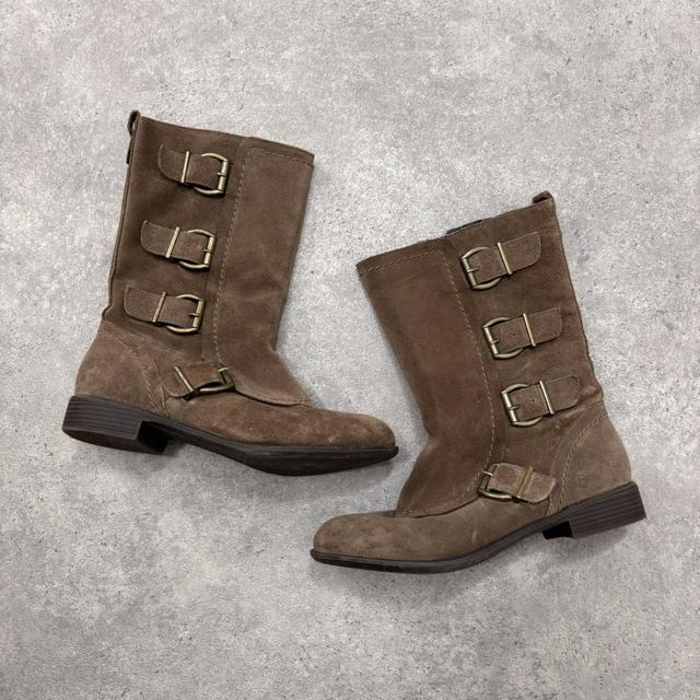 Brown suede buckle boots