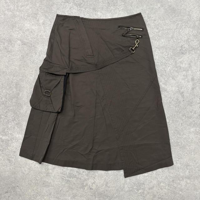 Brown pinstripe flared cargo midi skirt