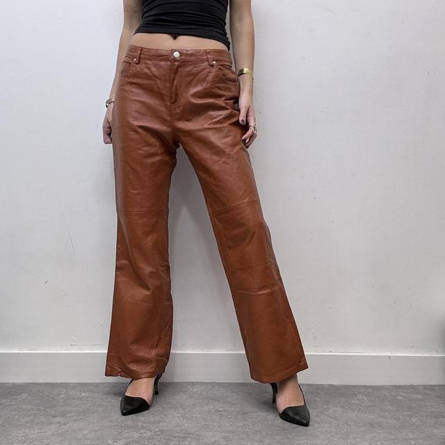 Tan orange leather flared straight leg trousers