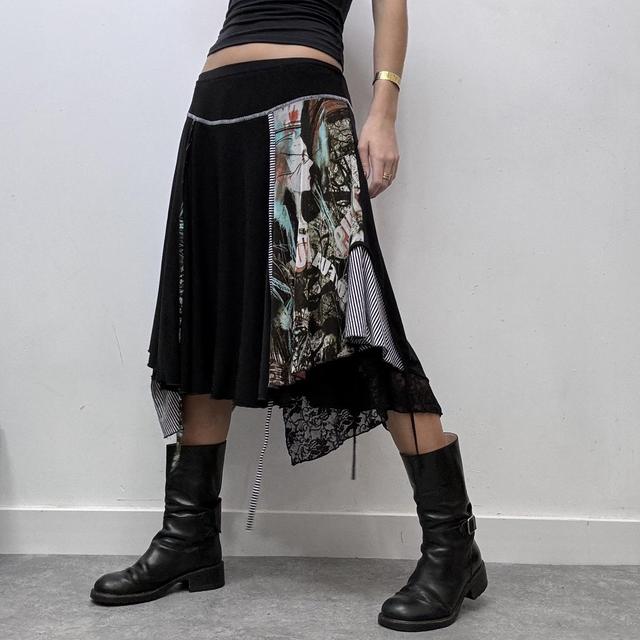Black pinstripe grunge asymmetric midi skirt