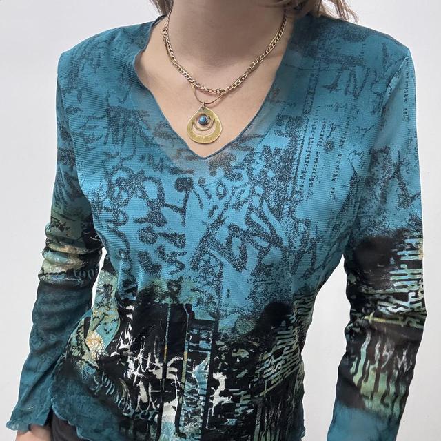 Graphic mesh printed grunge top