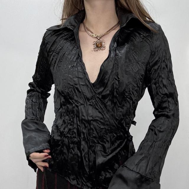Black satin crinkle wrap shirt