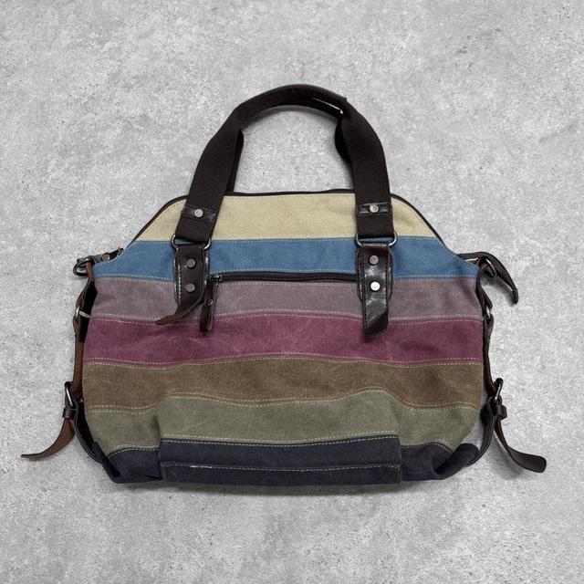 Striped canvas leather shoulder bag