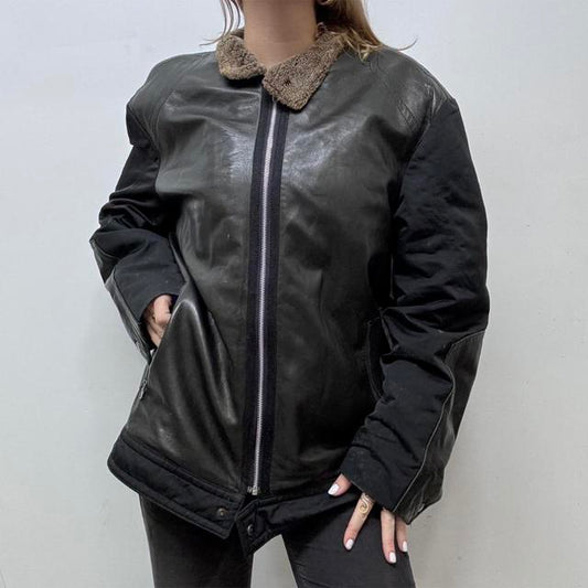 Oversized black leather jacket
