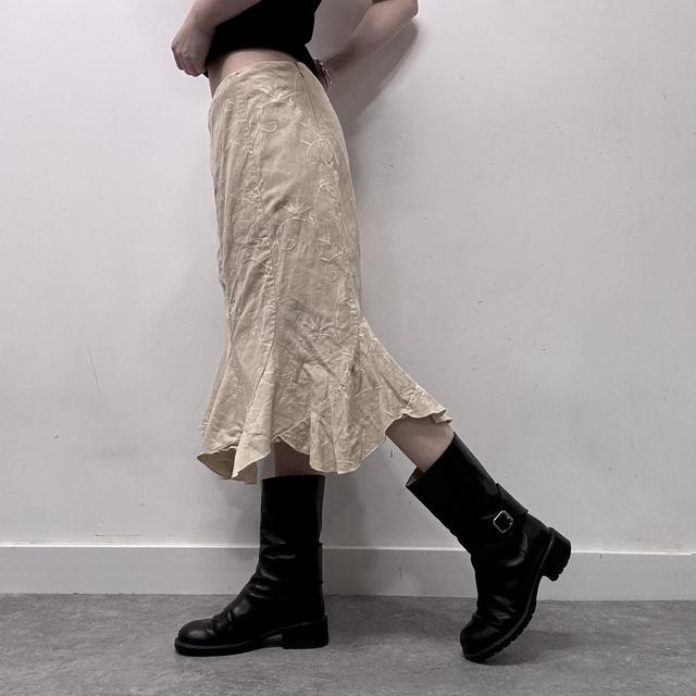 Tan flared embroidered midi skirt