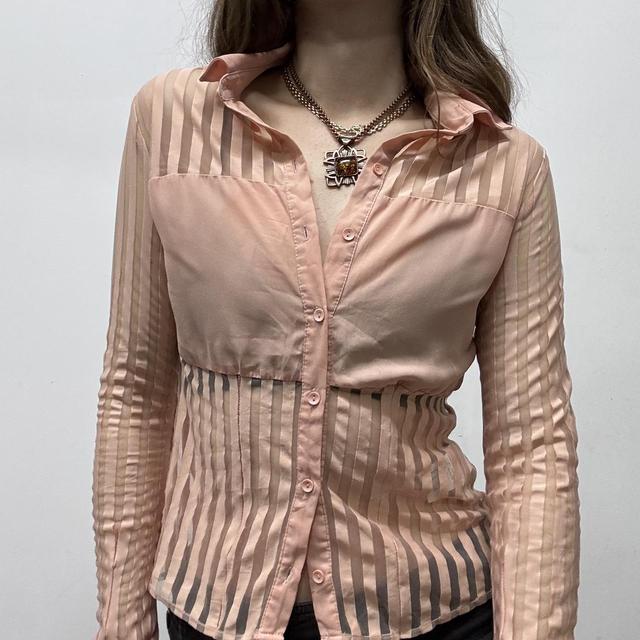 Pink mesh pinstripe sheer flared shirt