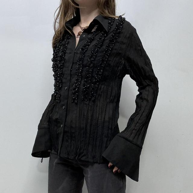 Sheer crinkle flared black gothic shirt