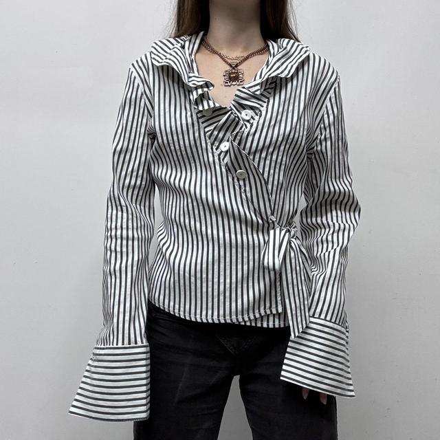 White pinstripe wrap ruffle shirt