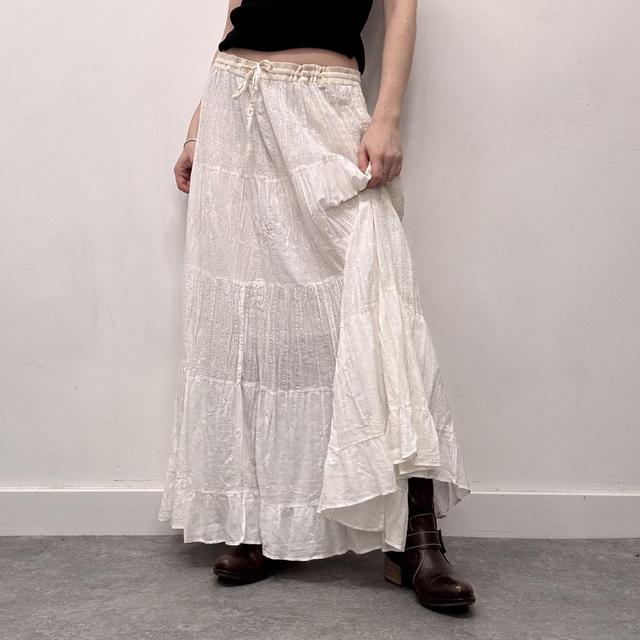 Crinkle layered white cotton maxi skirt