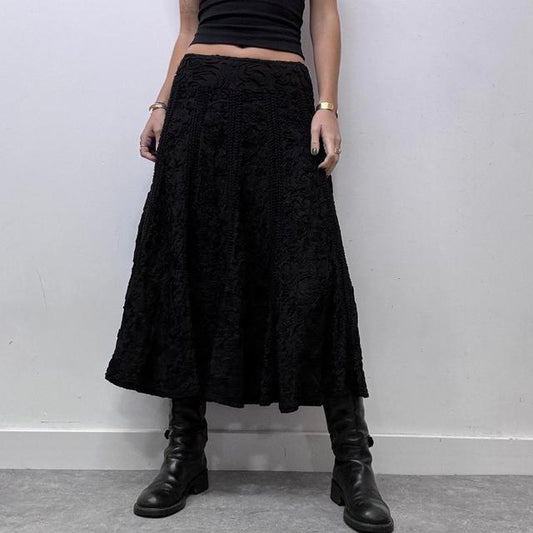 Black lace grunge flared maxi skirt