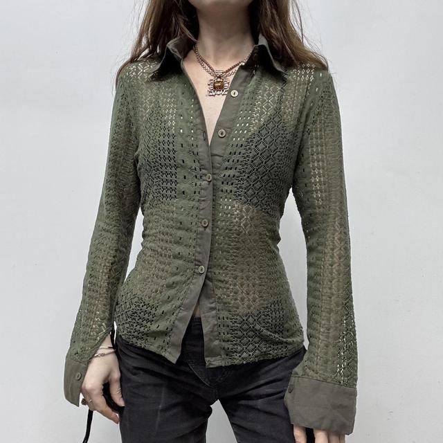 Khaki lace sheer fitted shirt