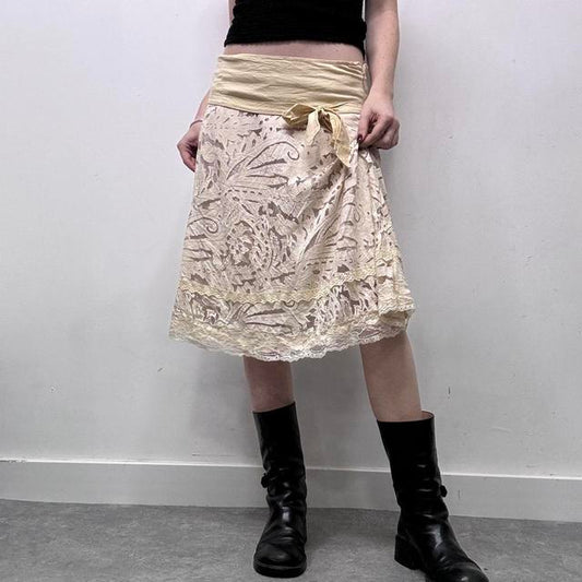Cream lace preppy coquette midi skirt