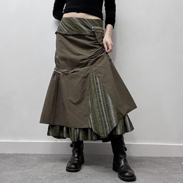 Khaki pinstripe asymmetric layered maxi skirt