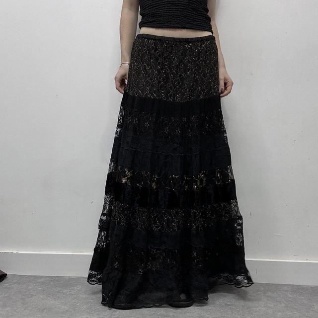 Black layered lace maxi skirt