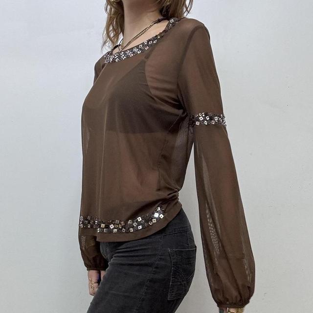 Sheer mesh brown puff sleeve blouse