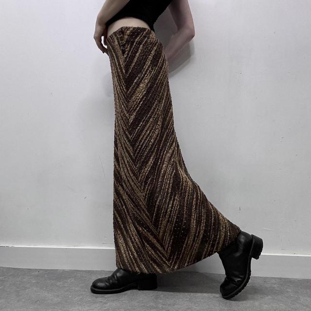 Brown pinstripe patterned wool maxi skirt