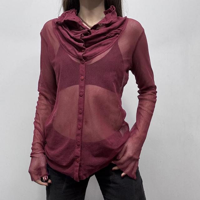 Sheer burgandy layered neck shirt