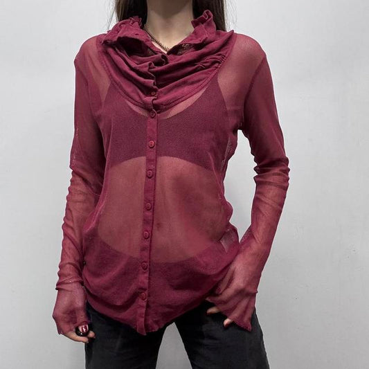 Sheer burgandy layered neck shirt