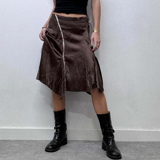 Brown satin asymmetric ribbon midi skirt
