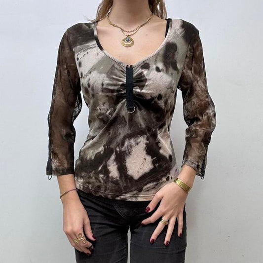 Sheer distressed grunge print mesh top