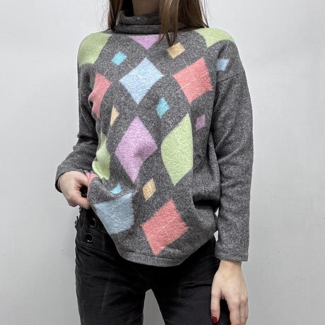 Grey wool slouchy oversized argyle jumper